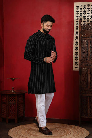 Mens Black Woven Cotton Kurta Set (ACA9608)