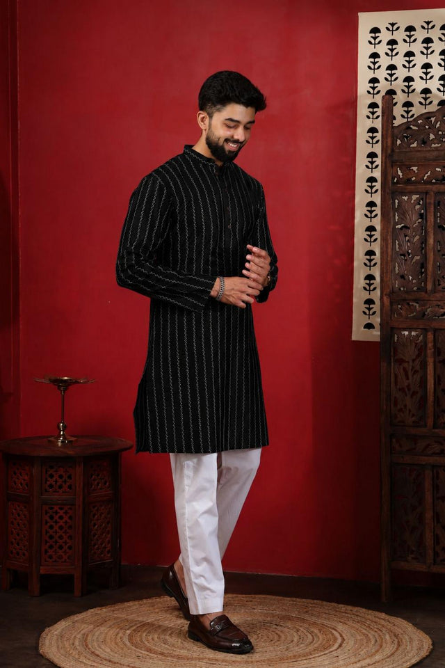Mens Black Woven Cotton Kurta Set (ACA9608)