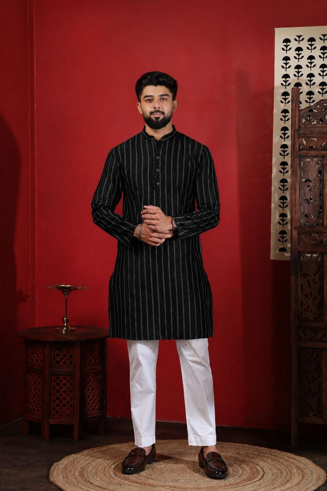 Mens Black Woven Cotton Kurta Set (ACA9608)