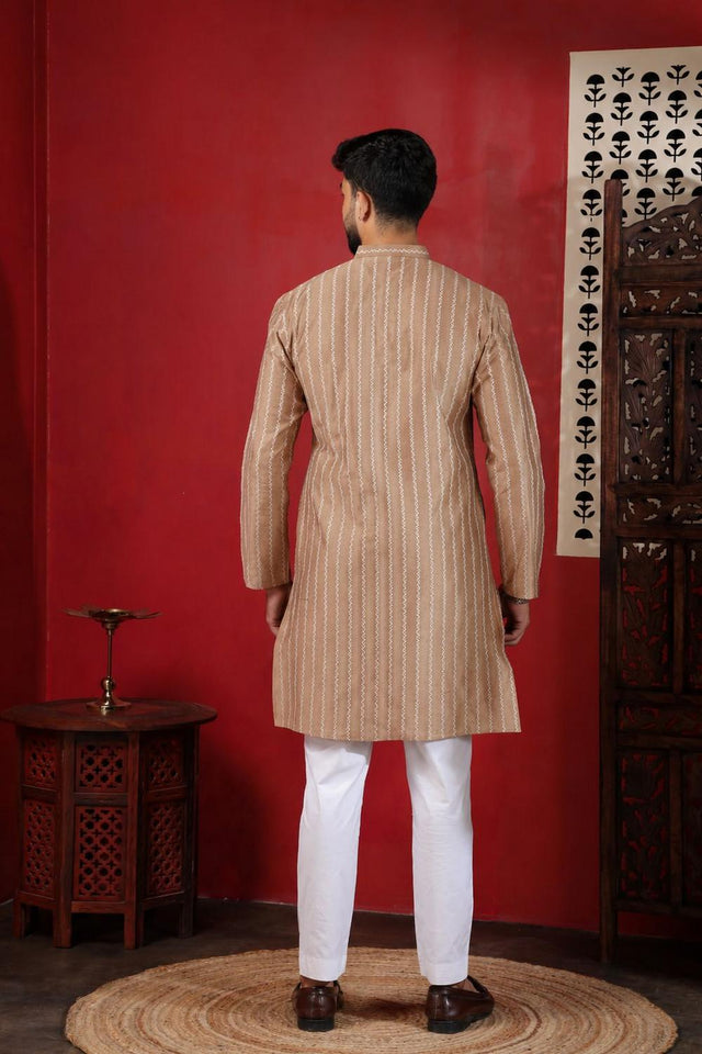 Mens Brown Woven Cotton Kurta Set (ACA9609)