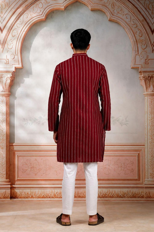 Mens Maroon Woven Cotton Kurta Set (ACA9610)