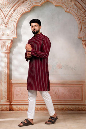 Mens Maroon Woven Cotton Kurta Set (ACA9610)
