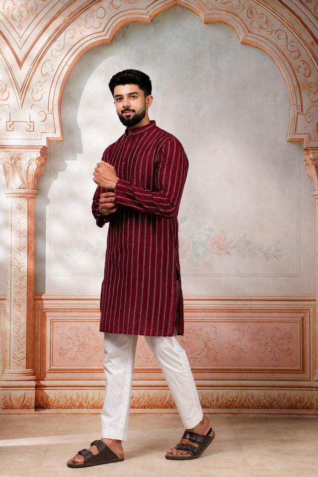 Mens Maroon Woven Cotton Kurta Set (ACA9610)