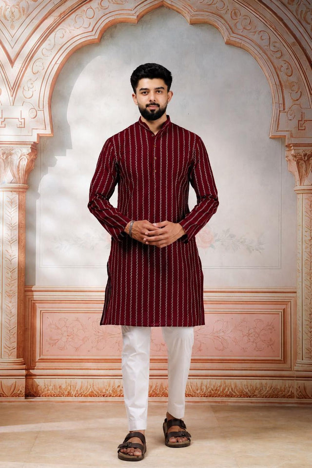 Mens Maroon Woven Cotton Kurta Set (ACA9610)