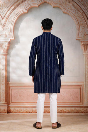 Mens Navy Blue Woven Cotton Kurta Set (ACA9611)