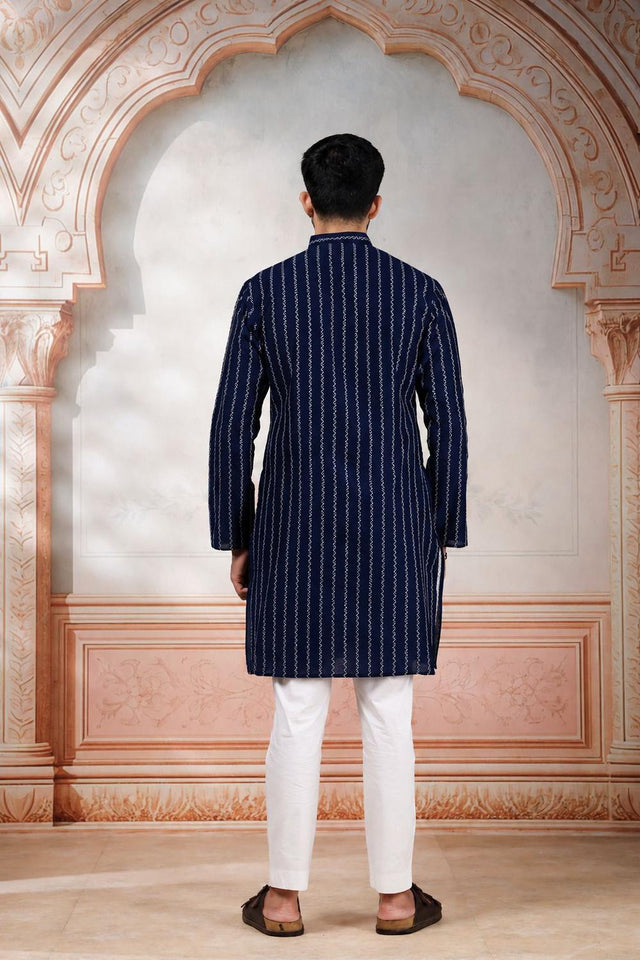 Mens Navy Blue Woven Cotton Kurta Set (ACA9611)