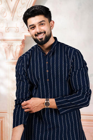 Mens Navy Blue Woven Cotton Kurta Set (ACA9611)