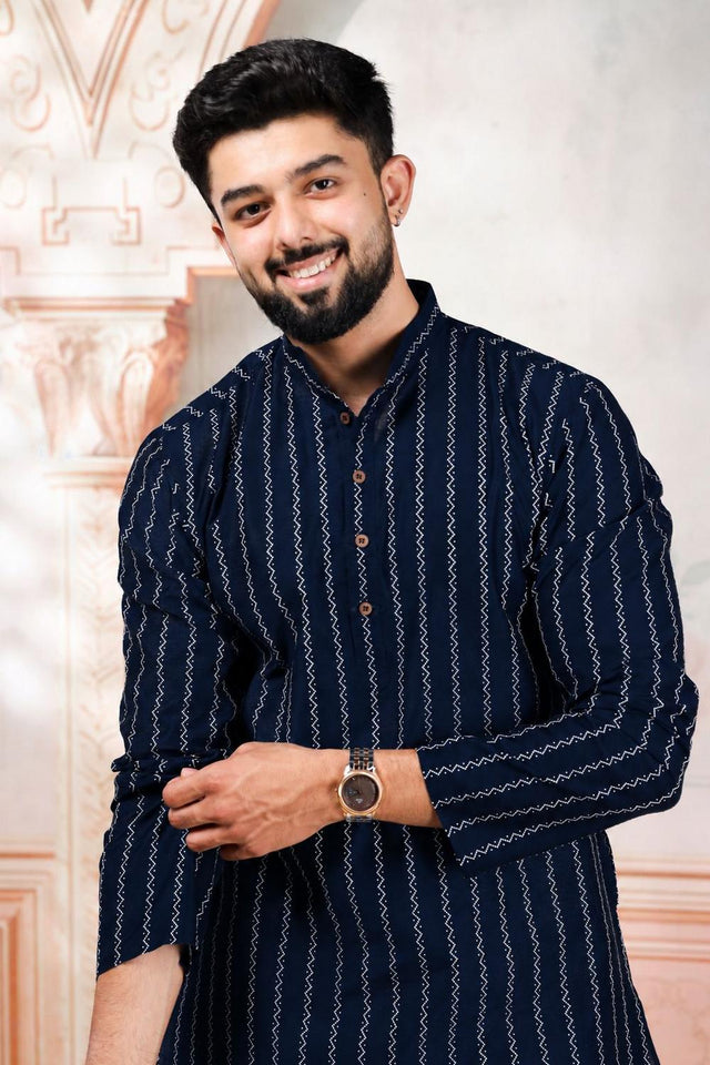 Mens Navy Blue Woven Cotton Kurta Set (ACA9611)