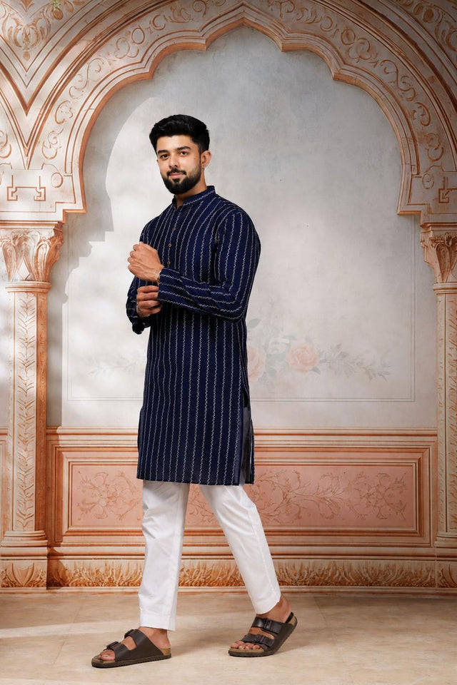 Mens Navy Blue Woven Cotton Kurta Set (ACA9611)