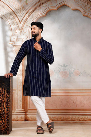 Mens Navy Blue Woven Cotton Kurta Set (ACA9611)
