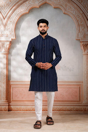 Mens Navy Blue Woven Cotton Kurta Set (ACA9611)