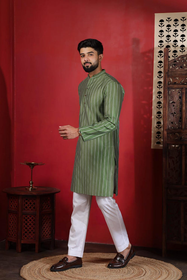 Mens Green Woven Cotton Kurta Set (ACA9613)
