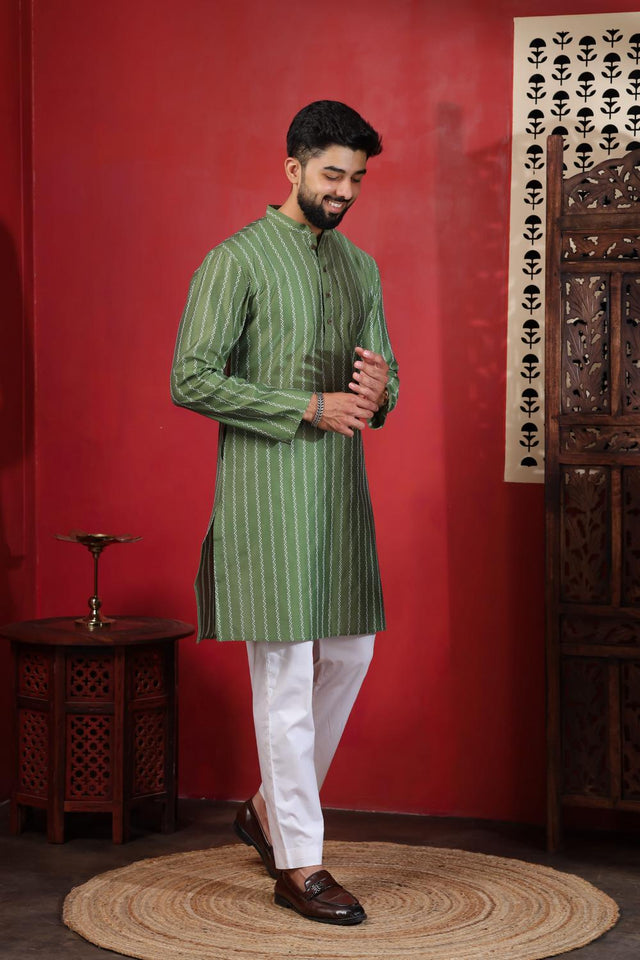 Mens Green Woven Cotton Kurta Set (ACA9613)