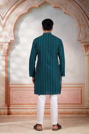 Mens Turquoise Woven Cotton Kurta Set (ACA9614)
