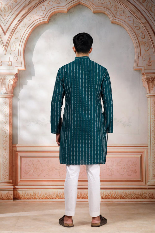 Mens Turquoise Woven Cotton Kurta Set (ACA9614)