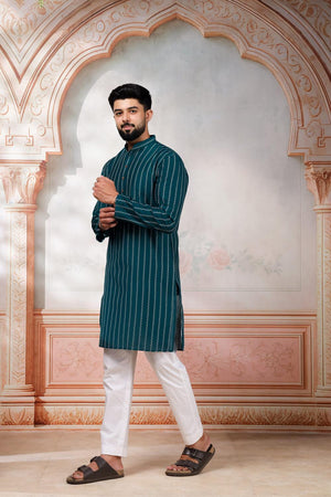 Mens Turquoise Woven Cotton Kurta Set (ACA9614)
