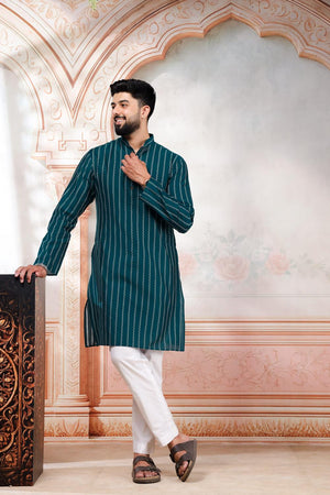 Mens Turquoise Woven Cotton Kurta Set (ACA9614)
