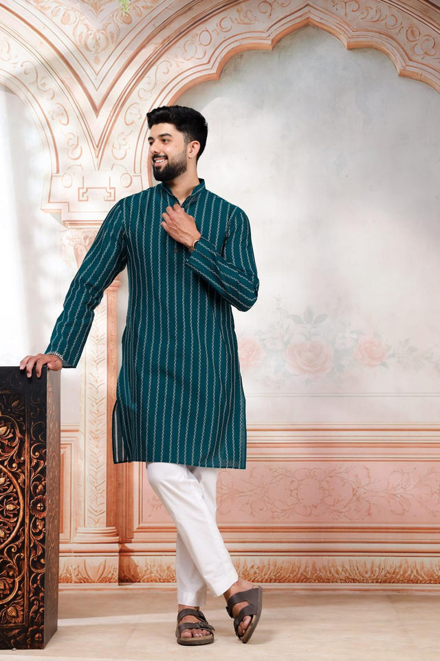 Mens Turquoise Woven Cotton Kurta Set (ACA9614)