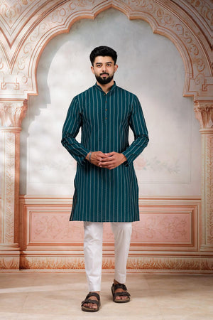Mens Turquoise Woven Cotton Kurta Set (ACA9614)