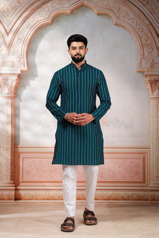 Mens Turquoise Woven Cotton Kurta Set (ACA9614)