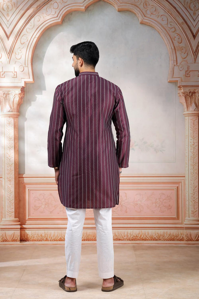 Mens Wine Woven Cotton Kurta Set (ACA9615)