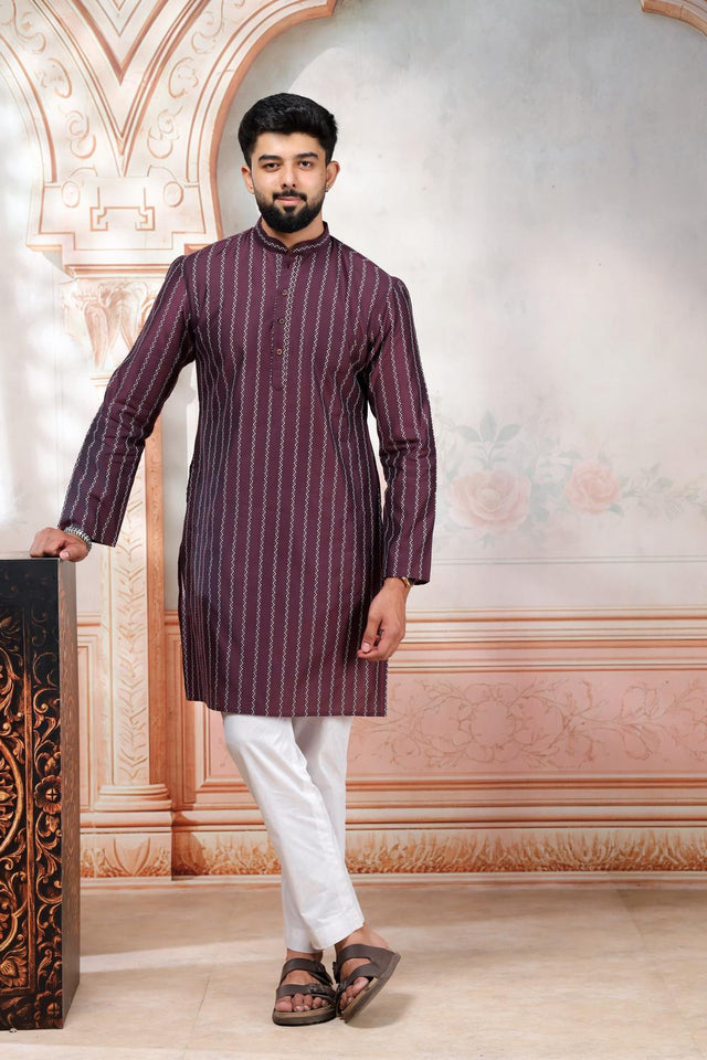 Mens Wine Woven Cotton Kurta Set (ACA9615)