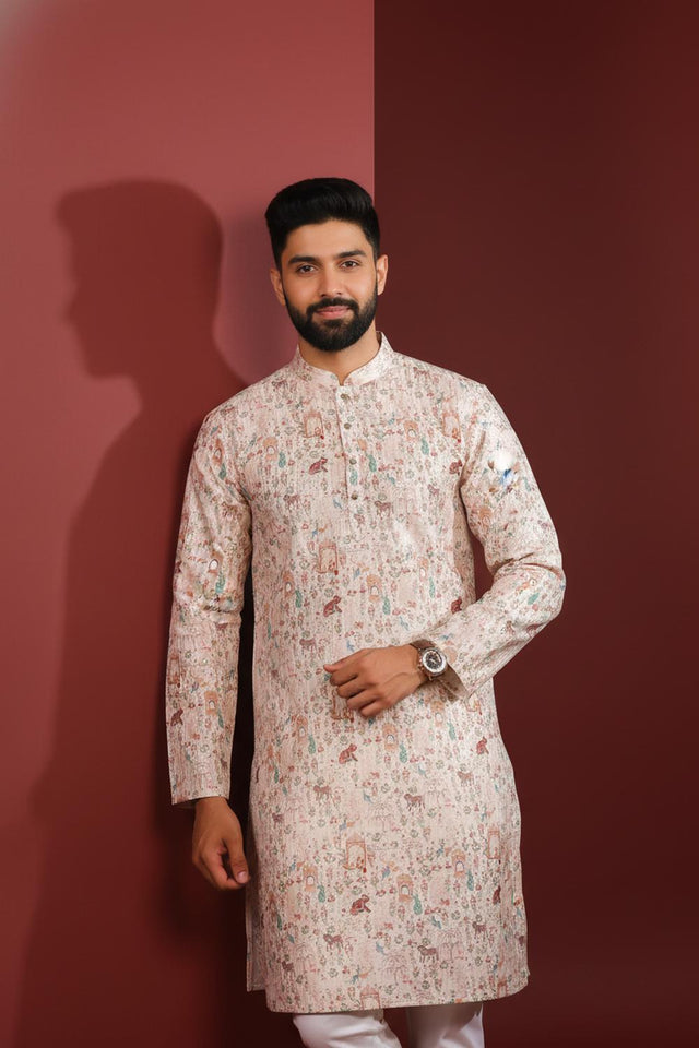 Mens Beige Printed Cotton Kurta Set (ACA9616)