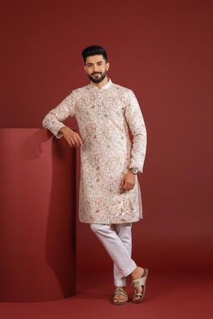 Mens Beige Printed Cotton Kurta Set (ACA9616)