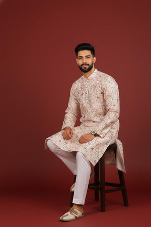 Mens Beige Printed Cotton Kurta Set (ACA9616)