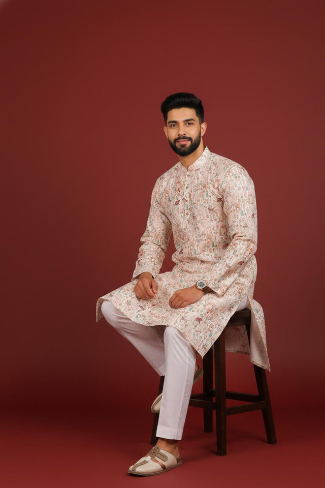 Mens Beige Printed Cotton Kurta Set (ACA9616)