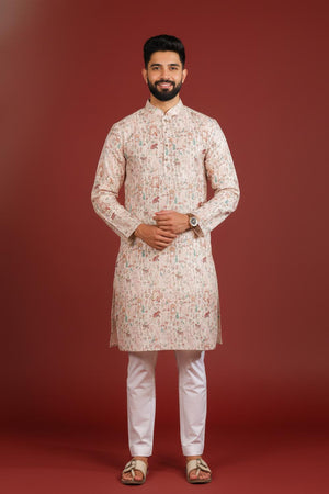 Mens Beige Printed Cotton Kurta Set (ACA9616)