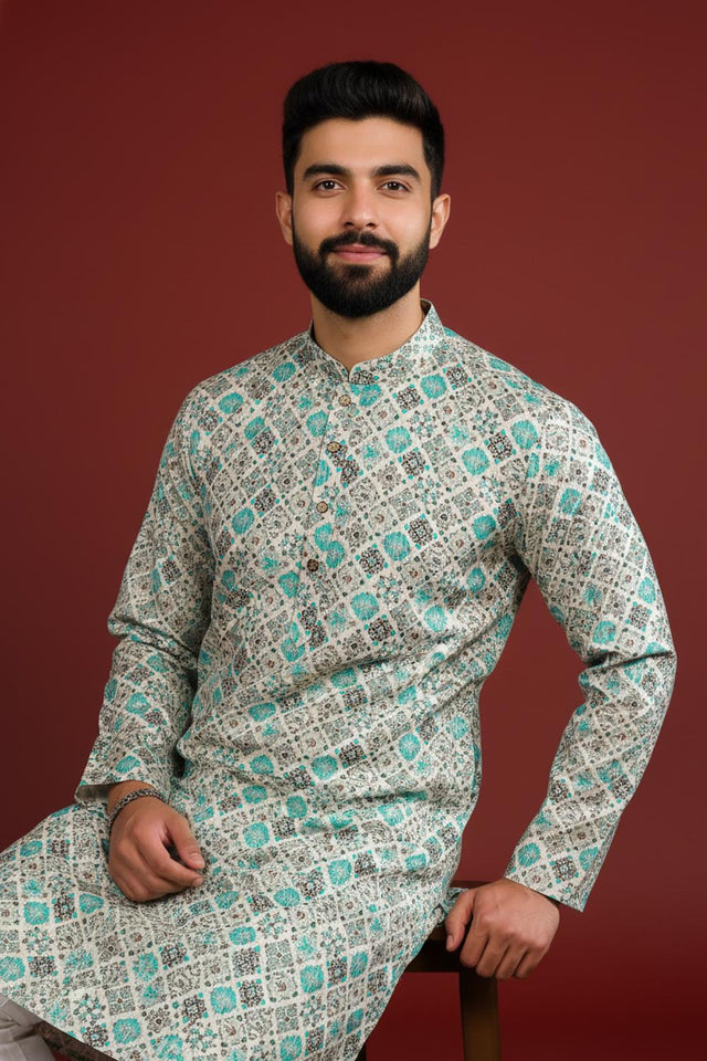 Mens Blue Printed Cotton Kurta Set (ACA9617)