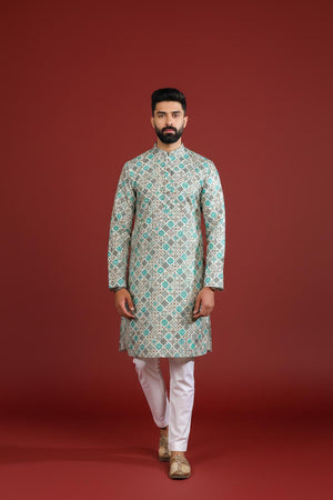 Mens Blue Printed Cotton Kurta Set (ACA9617)