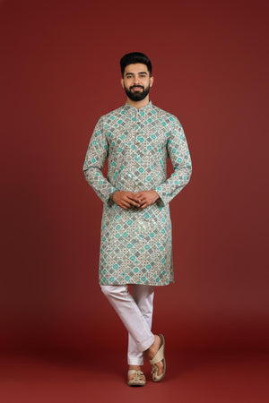 Mens Blue Printed Cotton Kurta Set (ACA9617)