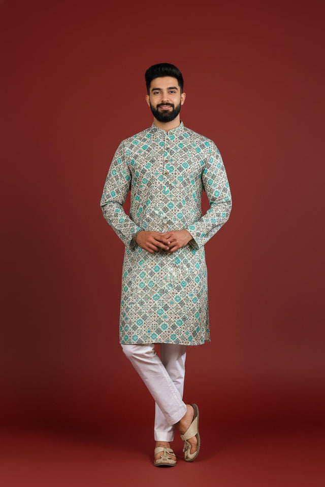 Mens Blue Printed Cotton Kurta Set (ACA9617)