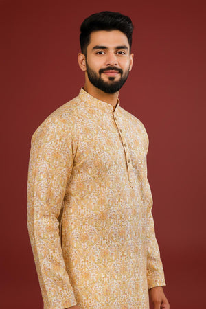 Mens Gold Printed Cotton Kurta Set (ACA9618)