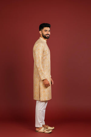 Mens Gold Printed Cotton Kurta Set (ACA9618)