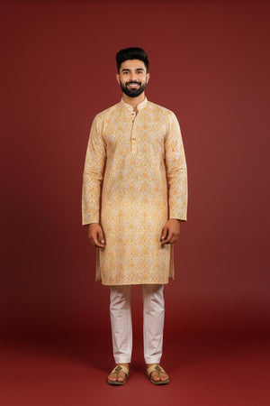 Mens Gold Printed Cotton Kurta Set (ACA9618)
