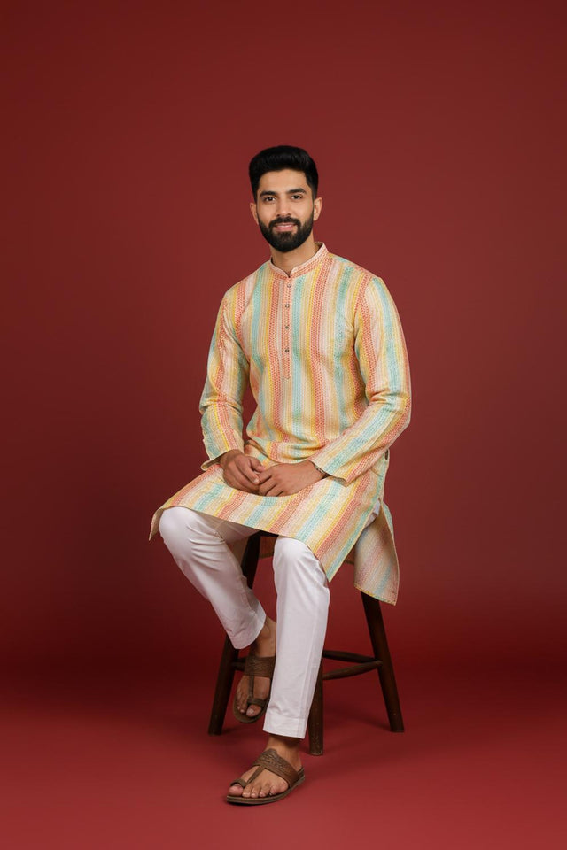 Mens Multi Color Printed Art Silk Kurta Set (ACA9619)