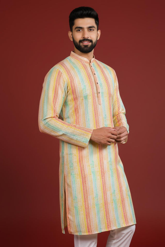 Mens Multi Color Printed Art Silk Kurta Set (ACA9619)