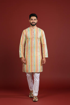 Mens Multi Color Printed Art Silk Kurta Set (ACA9619)