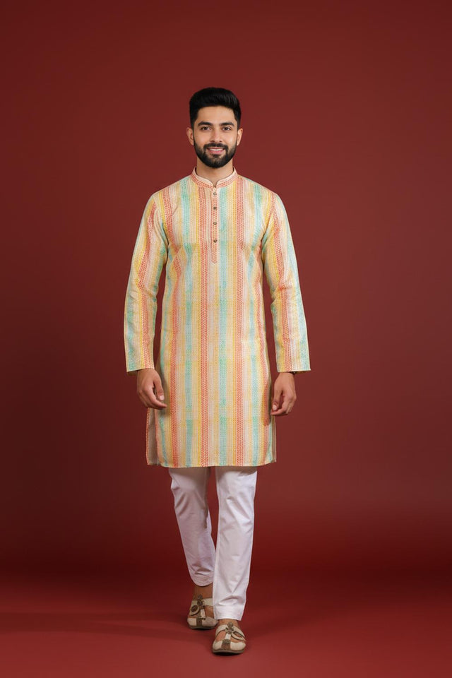 Mens Multi Color Printed Art Silk Kurta Set (ACA9619)