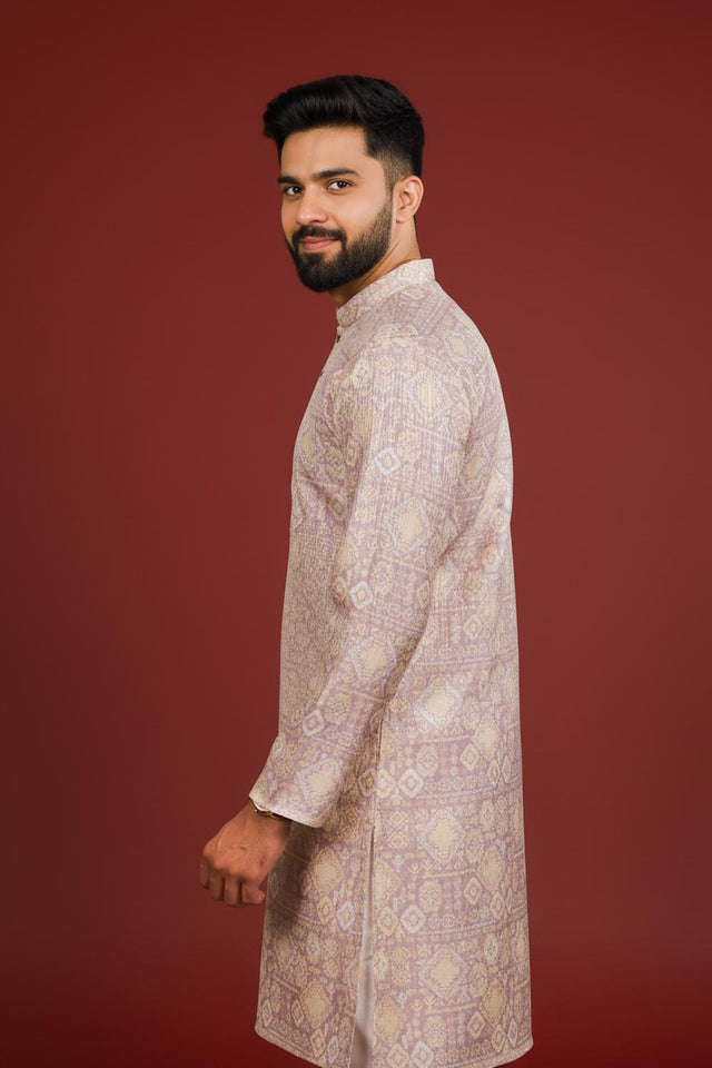 Mens Lavender Printed Art Silk Kurta Set (ACA9620)