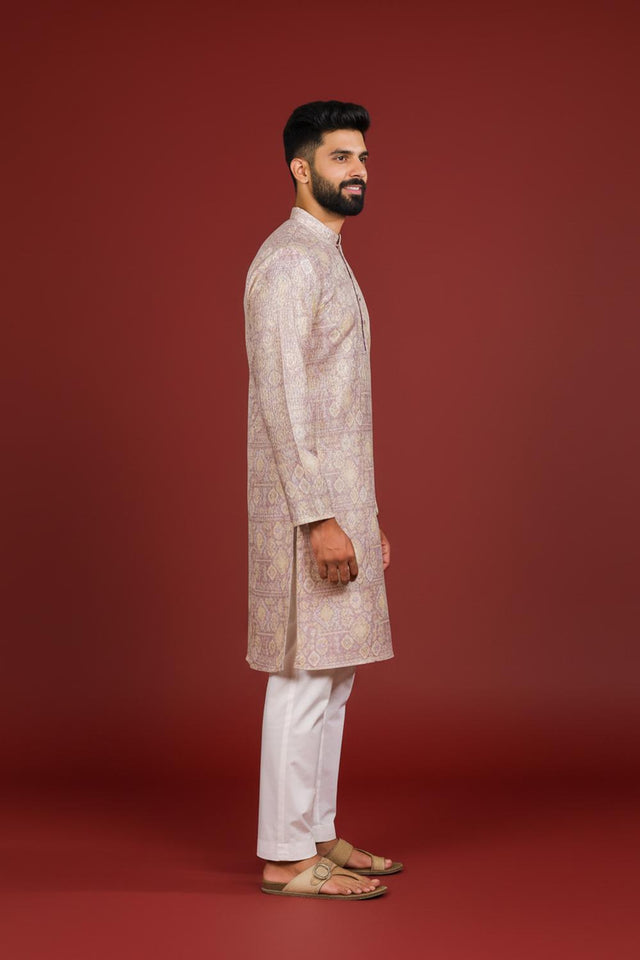 Mens Lavender Printed Art Silk Kurta Set (ACA9620)