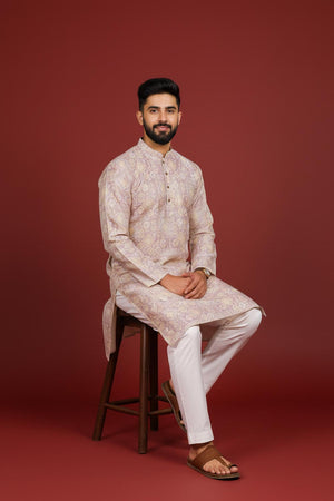 Mens Lavender Printed Art Silk Kurta Set (ACA9620)