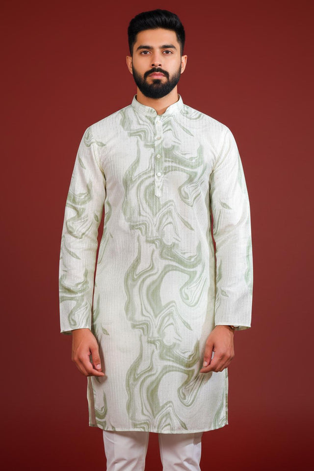 Mens Green Printed Art Silk Kurta Set (ACA9621)
