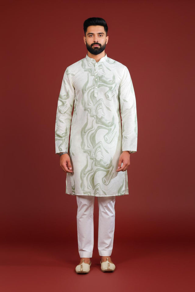 Mens Green Printed Art Silk Kurta Set (ACA9621)