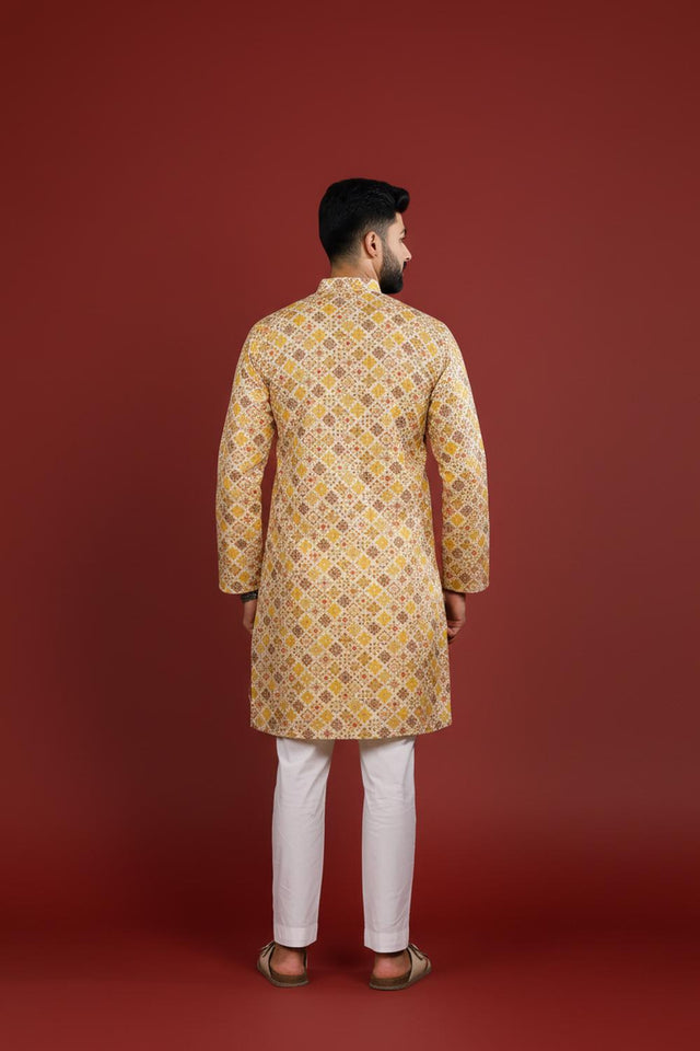 Mens Mustard Printed Art Silk Kurta Set (ACA9622)