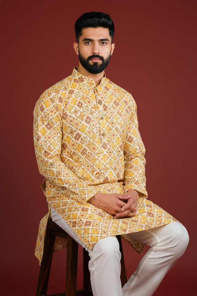 Mens Mustard Printed Art Silk Kurta Set (ACA9622)