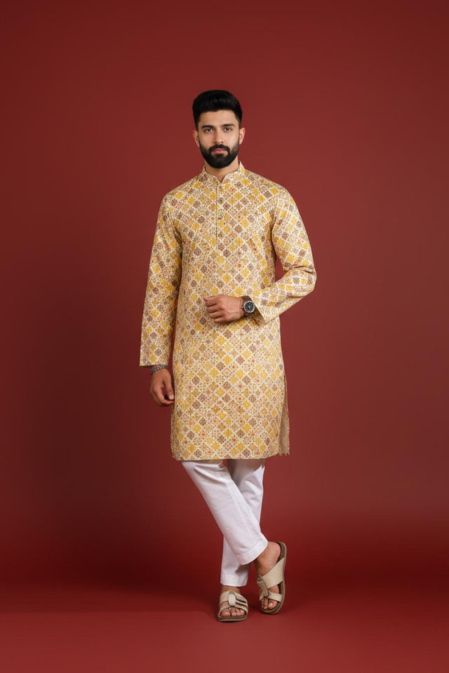Mens Mustard Printed Art Silk Kurta Set (ACA9622)